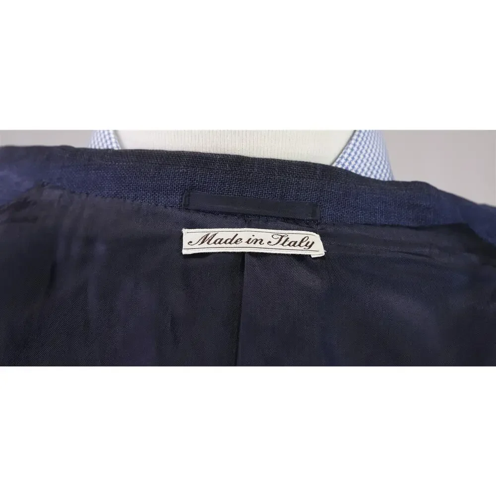 Trillon by Belvest Blue Wool Linen Silk Patch Pocket 3/2 Roll Blazer Jacket 44R